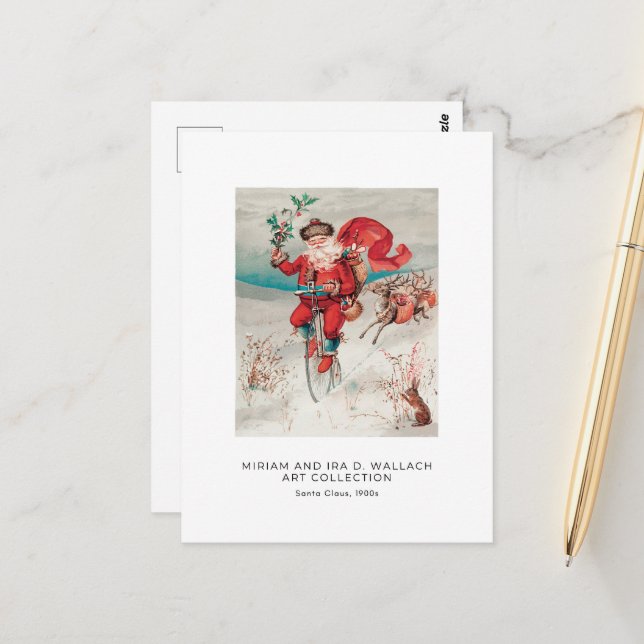 Vintage Santa On Bicycle Helgdag Art Vykort (Fram/Back In Situ)