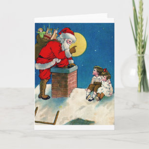 Vintage Santa on Rooftop med barnkort Helgkort