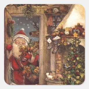 Vintage Santa Peeking In Fyrkantigt Klistermärke