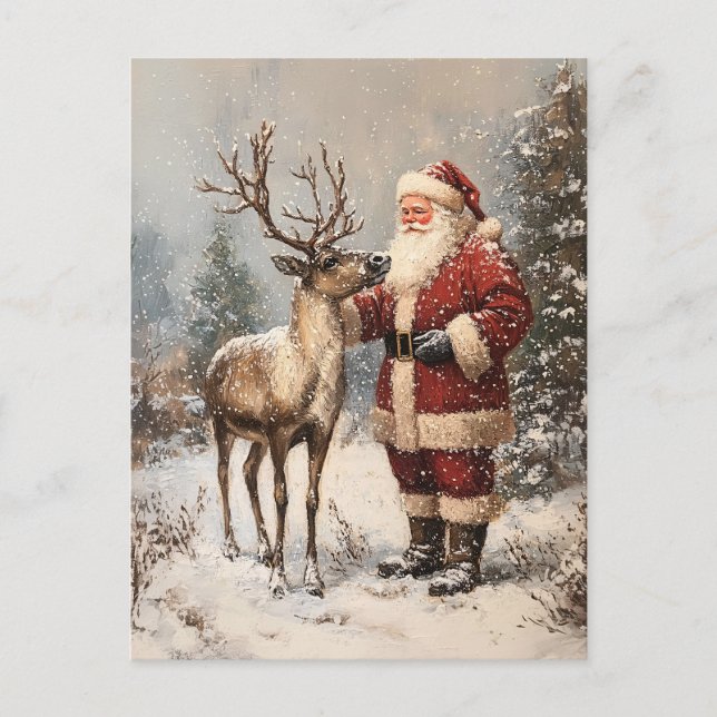 Vintage Santa Petting A Reindeer Painting Vykort (Framsida)