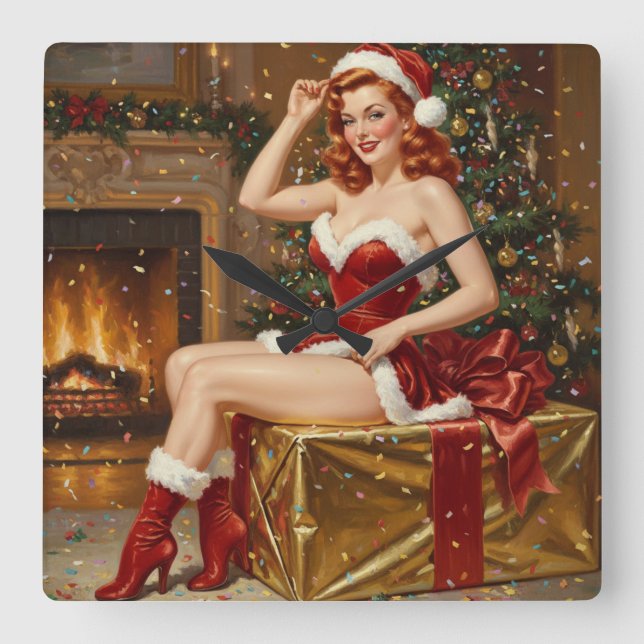 Vintage Santa Pin-up Art Fyrkantig Klocka (Framsida)