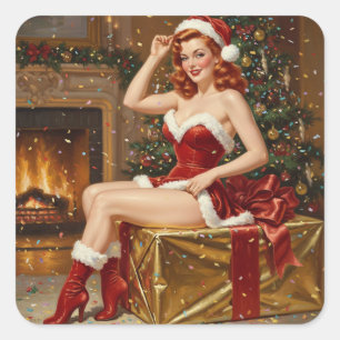 Vintage Santa Pin-up Art Fyrkantigt Klistermärke