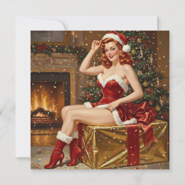 Vintage Santa Pin-up Konst Inbjudningar (Framsida)