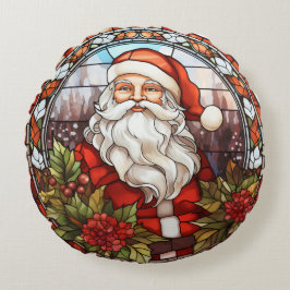 Vintage Santa Poinsettia Stached Glass Helgdag Rund Kudde