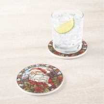 Vintage Santa Poinsettia Stached Glass Helgdag