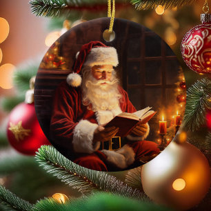 Vintage Santa Reading a Bok Julgransprydnad Keramik