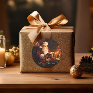 Vintage Santa Reading a Bok Runt Klistermärke