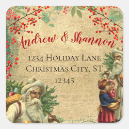 Vintage Santa Red Berry Winter Grönts Fyrkantigt Klistermärke