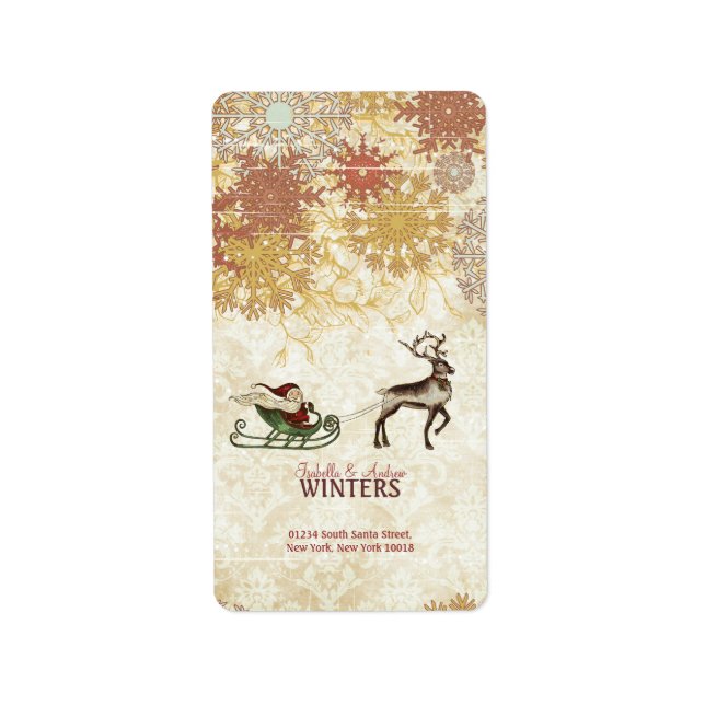 Vintage Santa & Reindeer Adressetikett (Framsidan)