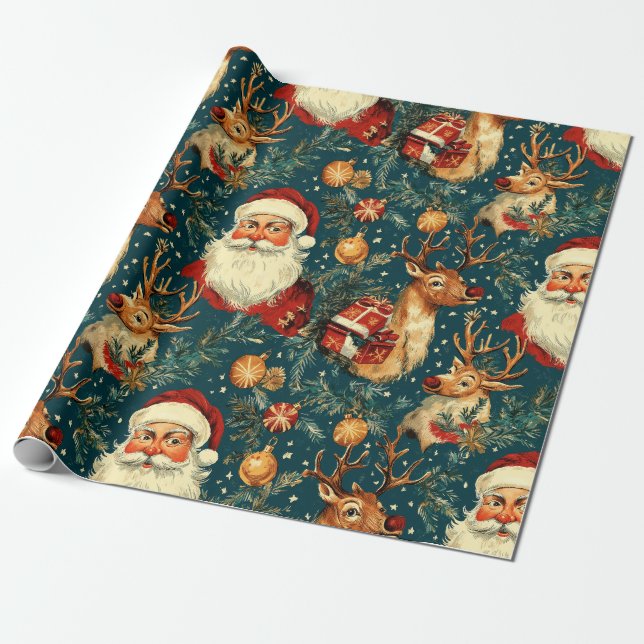 "Vintage Santa & Reindeer jul Presentpapper (Utrullad)