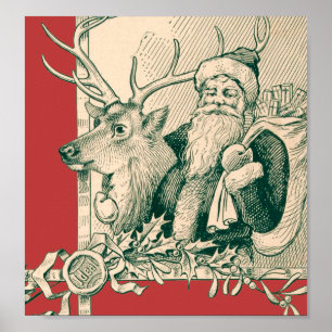 Vintage Santa Reindeer jul Saint Nick Poster