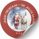 Vintage Santa Reindeer Personlig Runt Klistermärke<br><div class="desc">Denna jultemade prydnadsföremål har vintage Santa med renar och anpassade är en perfekt som är dekorativ för alla Julgran. Du kan enkelt byta familj namn och året för att göra denna utsmyckning till din egen.</div>
