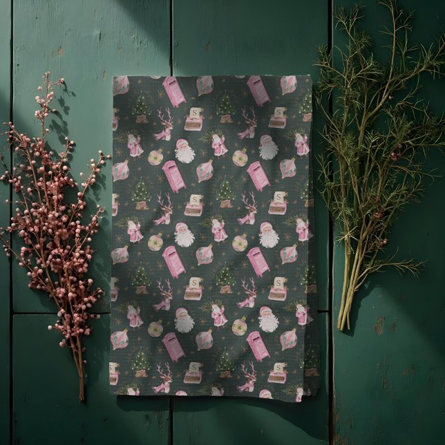 Vintage Santa Retro Rosa jul Anpassningsbar Monogr Kökshandduk (Vintage Santa Retro Pink Christmas Custom Monogram Kitchen Towel)