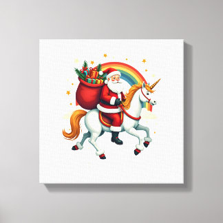 Vintage Santa Ridning Enhörning Regnbåge Jul Vekto Canvastryck
