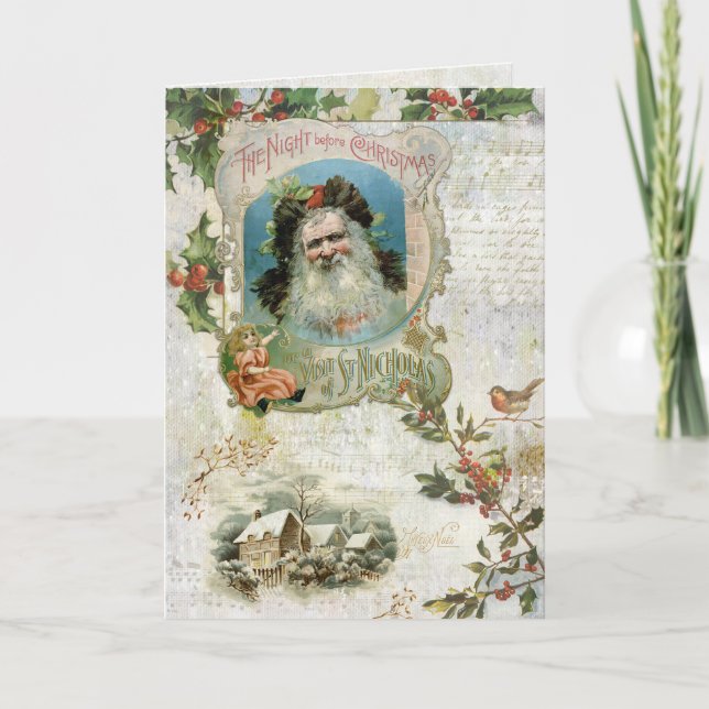 Vintage Santa, Rustic Ligcape & Music Collage Helgkort (Framsida)