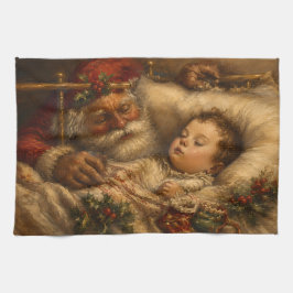 Vintage Santa Sängdags Jul Oljemålning Kökshandduk