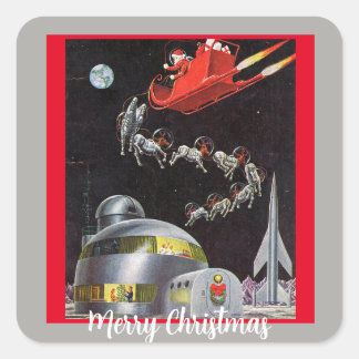 Vintage Santa Santa and Reindeer in Space Fyrkantigt Klistermärke