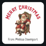 Vintage Santa Sitta i jultomten under Comfy School Fyrkantigt Klistermärke<br><div class="desc">Stickrar med en bild av vintage stil som innehåller klassiskt Jultomten sitta i en gammaldags arm-stol. Snyggt traditionell juldesign.</div>