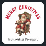 Vintage Santa Sitta i jultomten under Comfy School Fyrkantigt Klistermärke<br><div class="desc">Stickrar med en bild av vintage stil som innehåller klassiskt Jultomten sitta i en gammaldags arm-stol. Snyggt traditionell juldesign.</div>