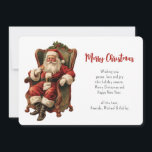 Vintage Santa Sitta i jultomten under Comfy School Julkort<br><div class="desc">Ett platt julkort med en bild av vintage stil som innehåller klassiskt Jultomten sitta i en gammaldags arm-stol. Snyggt traditionell juldesign.</div>