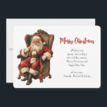 Vintage Santa Sitta i jultomten under Comfy School Julkort<br><div class="desc">Ett platt julkort med en bild av vintage stil som innehåller klassiskt Jultomten sitta i en gammaldags arm-stol. Snyggt traditionell juldesign.</div>