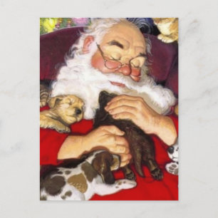 Vintage Santa Sleeping with Puppies Helg Vykort
