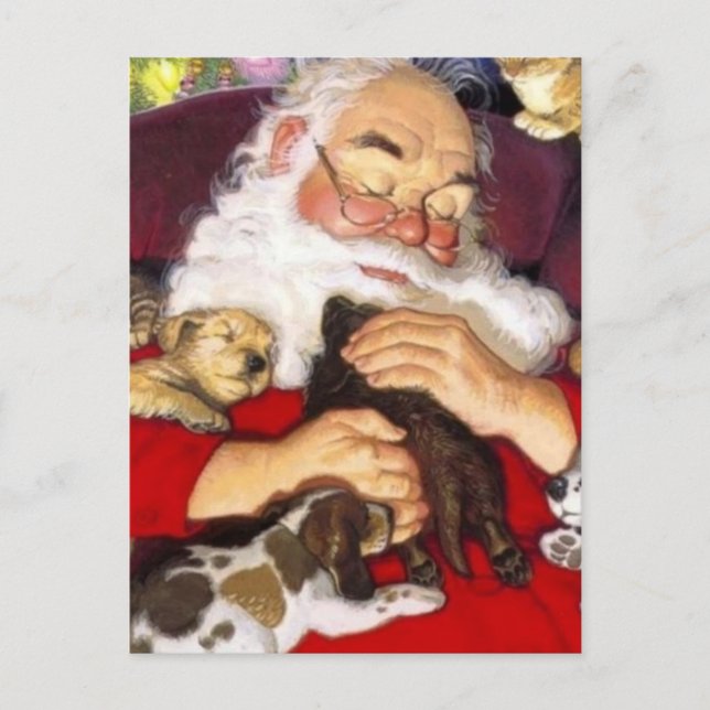 Vintage Santa Sleeping with Puppies Helg Vykort (Framsida)