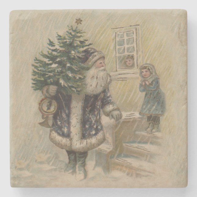 Vintage Santa Snö Julgran Stenunderlägg (Framsidan)