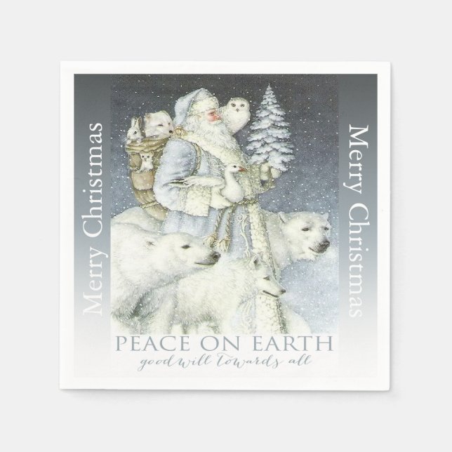Vintage Santa Snowy Forest Winter Animals Pappersservett (Framsidan)