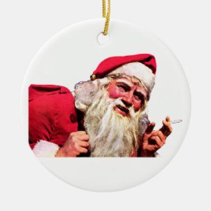 Vintage Santa som röker cigaretten Julgransprydnad Keramik