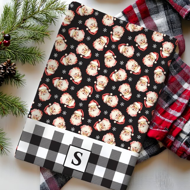 Vintage Santa Svart Gingham Monogrammerad Jul Kökshandduk (Skapare uppladdad)