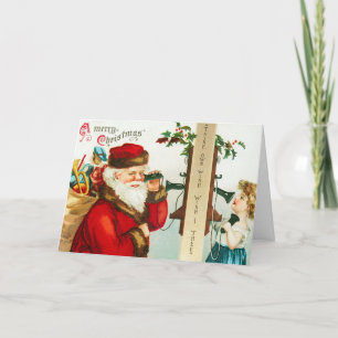 Vintage Santa Telefoner Little Girl-julkort Helgkort