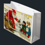 Vintage Santa with Children<br><div class="desc">Vinterscenen i vintage som skildrar Santa ge leksak till att vänta på barn medan deras valp ger uppmärksamhet. Bilden har återställts digitalt.</div>