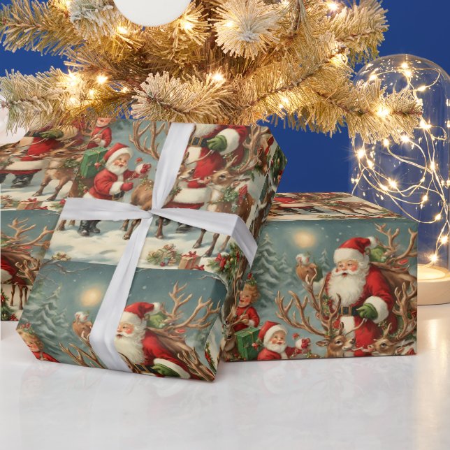 Vintage Santa with Children, Reindeer and Gifts Presentpapper (Helgdagar)