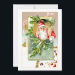 Vintage Santa with Treats and Snö-Covered Gräs Julkort<br><div class="desc">Charming färgad vinjett av vintage Santa med en påse av gåvor omgiven av snö-täckt gräs grenar,  brass klockor,  band och festter. Baksidan har anpassningsbarna koordinerat grafiskt inslag med redigerbar fält.</div>