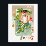 Vintage Santa with Treats and Snö-Covered Gräs Vykort<br><div class="desc">Charming färgad vinjett av vintage Santa med en påse av gåvor omgiven av snö-täckt gräs grenar,  brass klockor,  band och festter. Baksidan har anpassningsbarna koordinerat grafiskt inslag med redigerbar fält.</div>