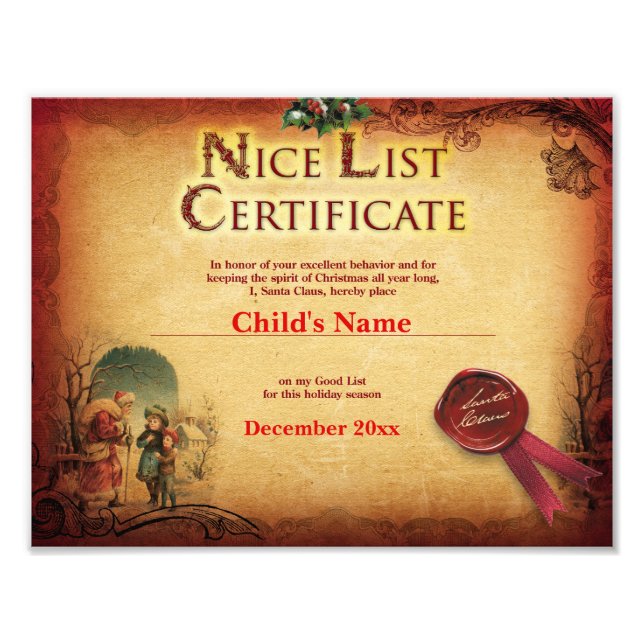 Vintage Santa's Nice List Certificate Fototryck (Framsidan)