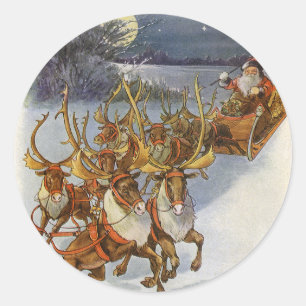 Vintage Santa's Sleigh med Reindeer Sticker Lakan Runt Klistermärke