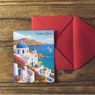 Vintage Santorini Grekland Resa Färgrik Ö Vykort