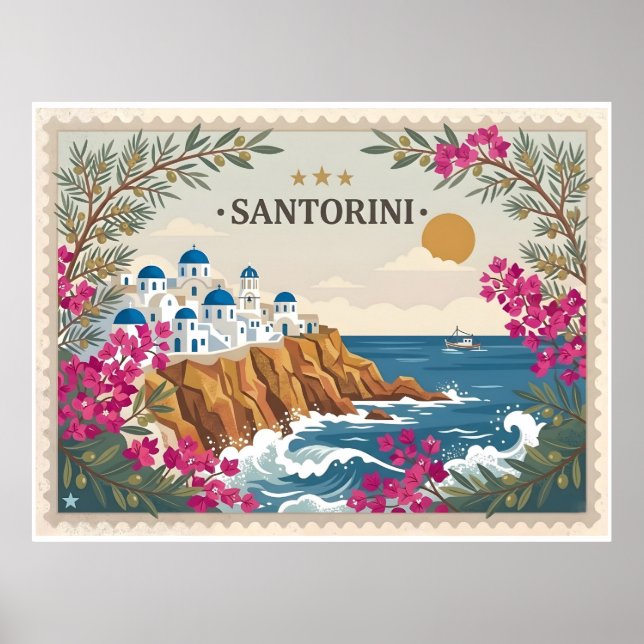 Vintage Santorini Grekland Resa vykort Poster (Framsidan)