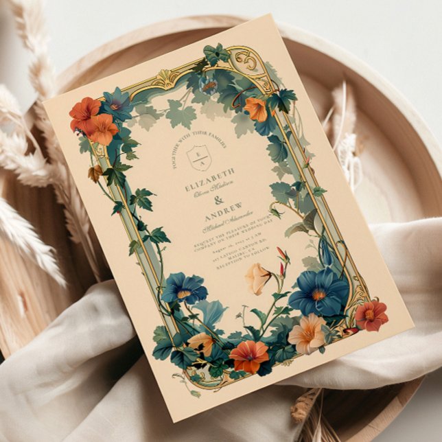 Vintage Sapphire Bloom Ram Bröllop Inbjudningar (Skapare uppladdad)