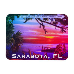 Vintage Sarasota, FL Beach Sunset - Bukt i Mexiko Magnet