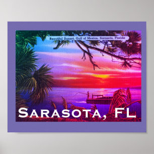 Vintage Sarasota, FL Beach Sunset - Bukt i Mexiko Poster