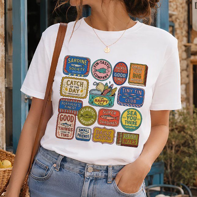 Vintage Sardindåscollage Fiskarstil T Shirt (Skapare uppladdad)