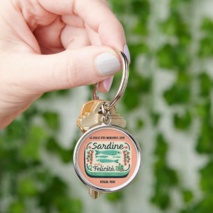 Vintage Sardine can Italy Food Peach Rund Silverfärgad Nyckelring