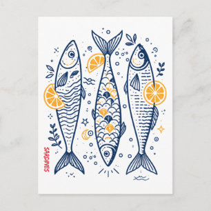 Vintage Sardiner Medelhavsfiskillustration Vykort