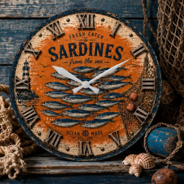 Vintage Sardines  Coastal Nautical Kitchen Stor Klocka (Skapare uppladdad)