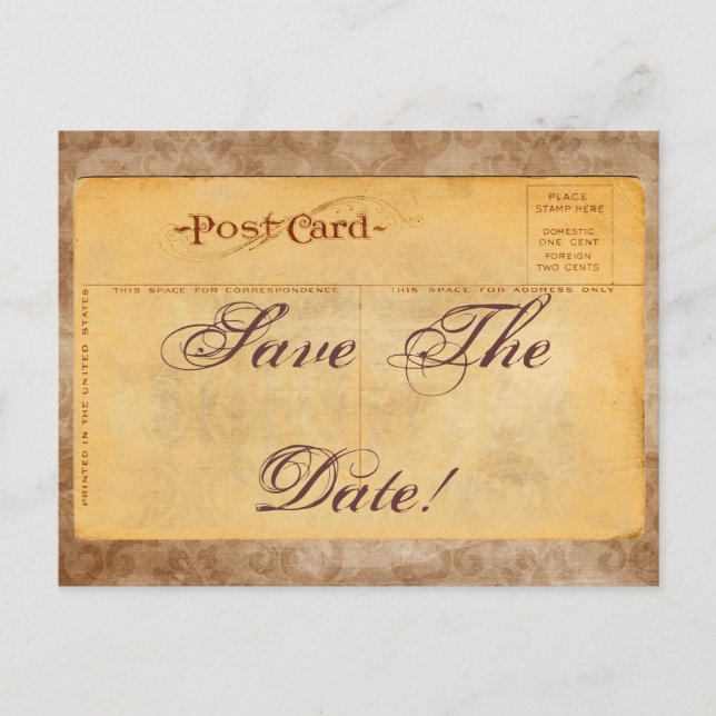 Vintage Save The Date! Damask Inbjudan Postkort (Framsida)