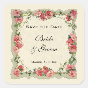 Vintage Save the Date, Rosa blommor Florala rosor Fyrkantigt Klistermärke