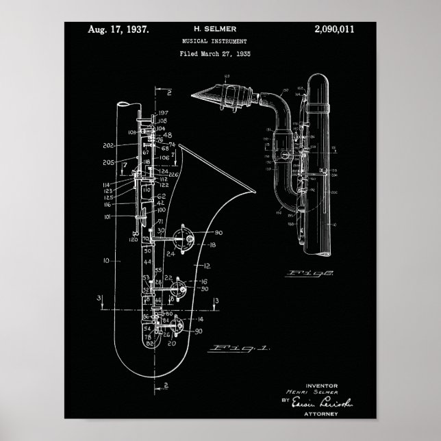 Vintage Saxofon Patentkonsttryck Poster (Framsidan)